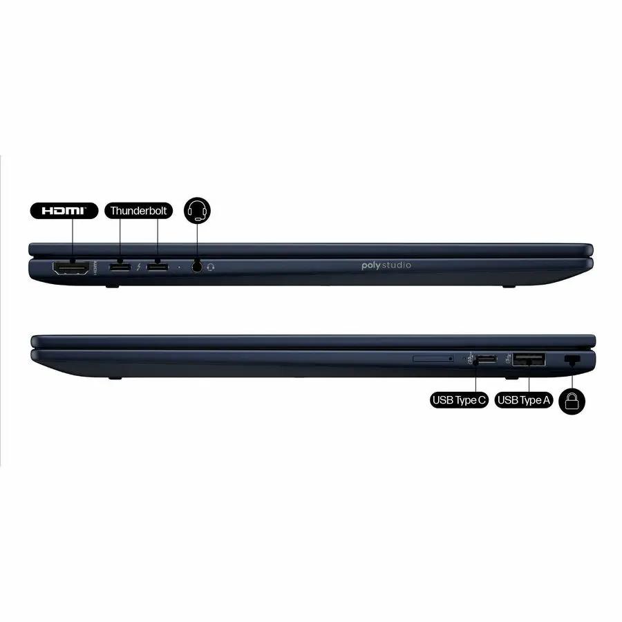 HP EliteBook X Flip G1i 14-inch notebook in dark blue, side view with HDMI, USB-C, USB-A, Thunderbolt ports