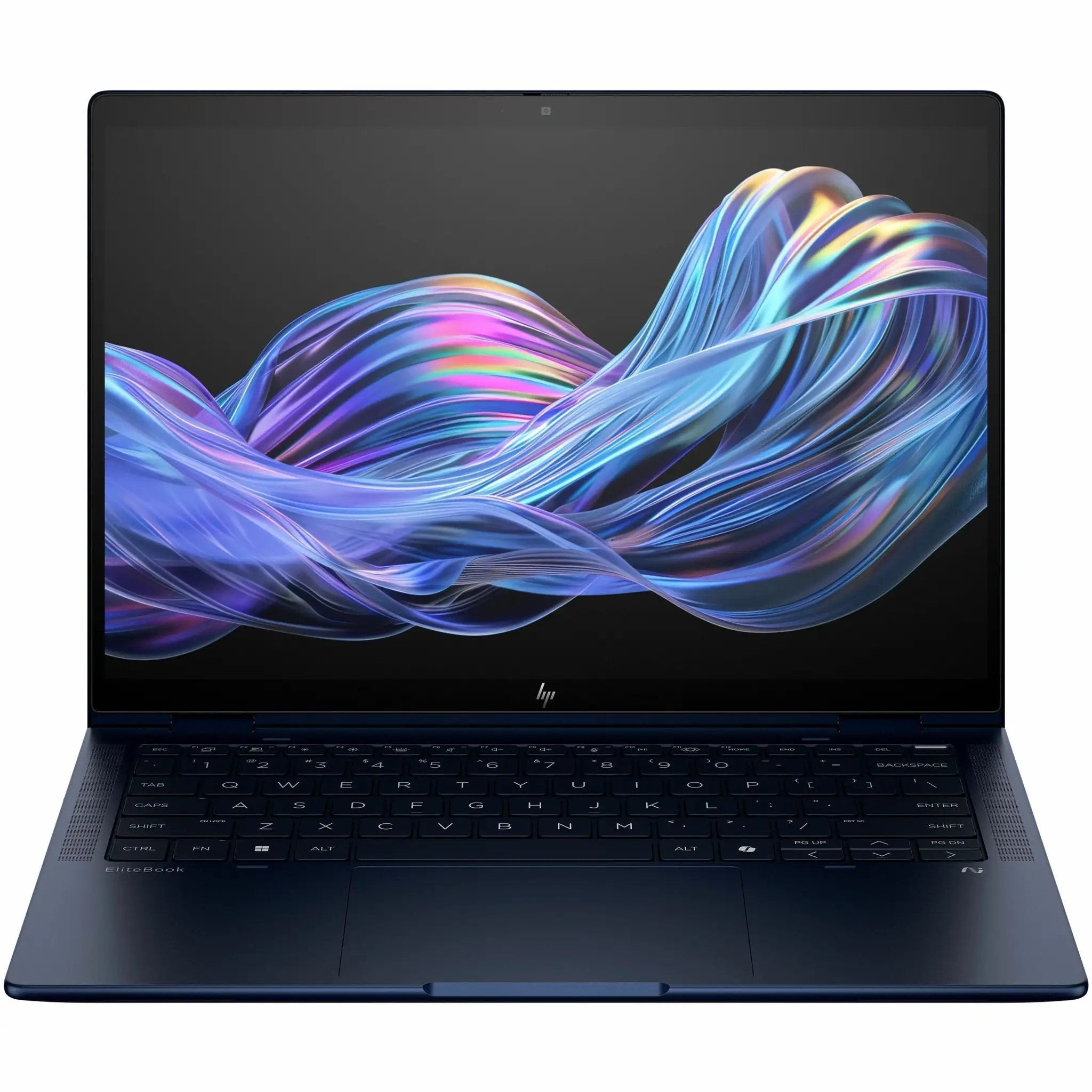 HP EliteBook X Flip G1i 14-inch notebook, dark blue chassis, open showing keyboard and display.