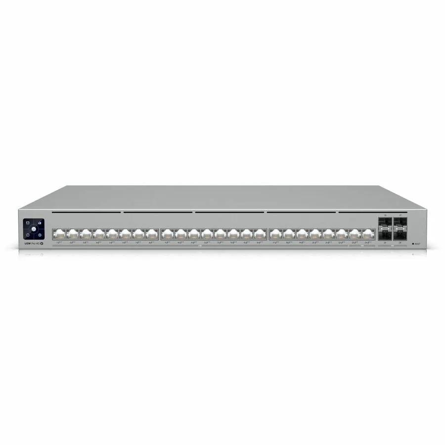 Etherlighting Pro HD 24-Port 2.5GbE PoE SFP+ switch, Ubiquiti, front view with 24 RJ45 ports and 2 SFP+ uplinks