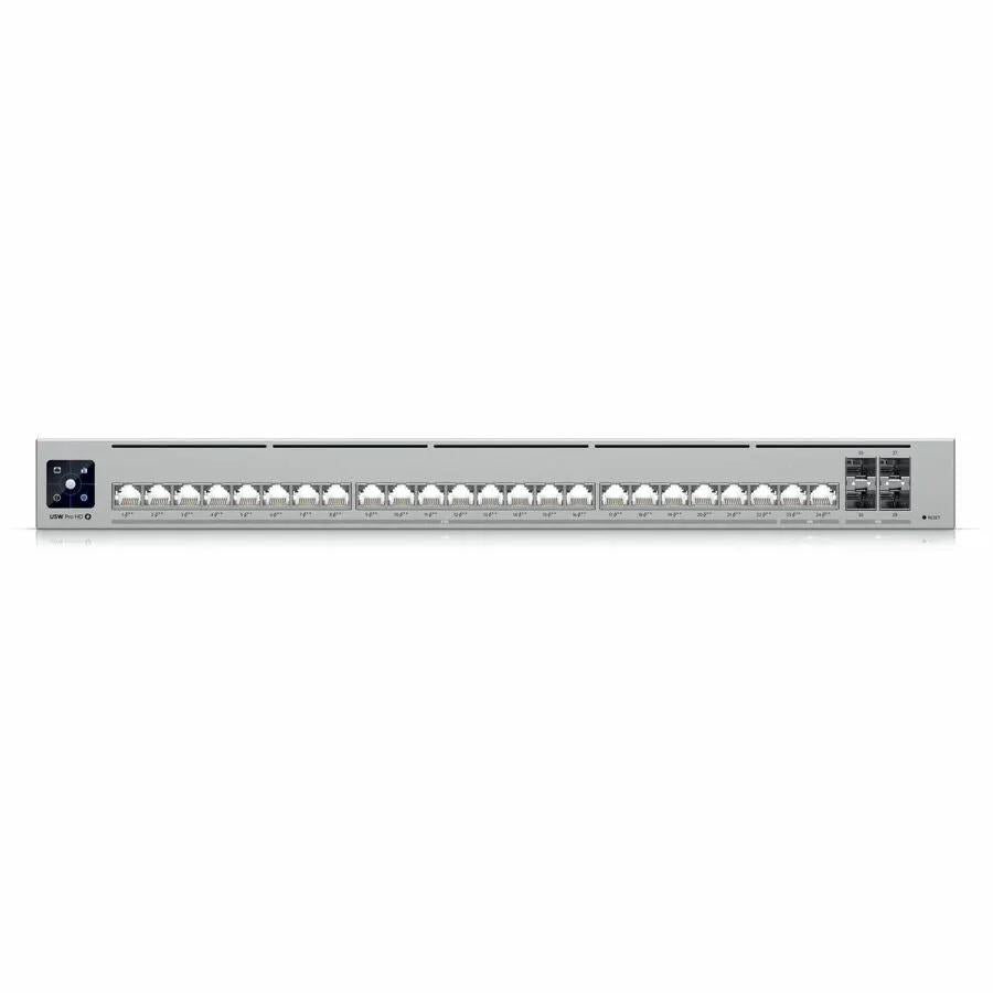 Etherlighting Pro HD 24-Port 2.5GbE PoE SFP+ Switch by Ubiquiti, gray metal rack-mount network switch