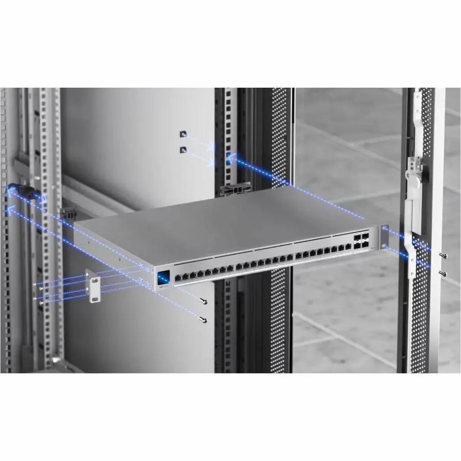 Ubiquiti UniFi Pro HD 24/28-Port SFP+ managed switch, rack-mounted with blue LEDs