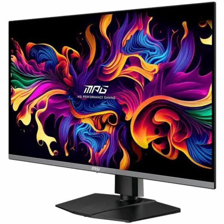 MSI MPG 322URX 32-inch UHD QD-OLED gaming monitor on stand with vibrant display