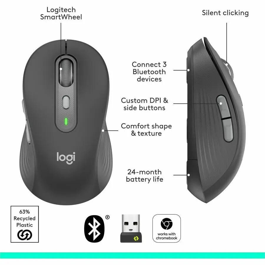 Logitech Signature Plus M750 L Wireless Mouse - For Large Sized Hands, SmartWheel Scrolling, Bluetooth Connectivity, Multi Device, 24-Month Battery, Silent Clicks, Customizable Side Buttons, Contoured Shape