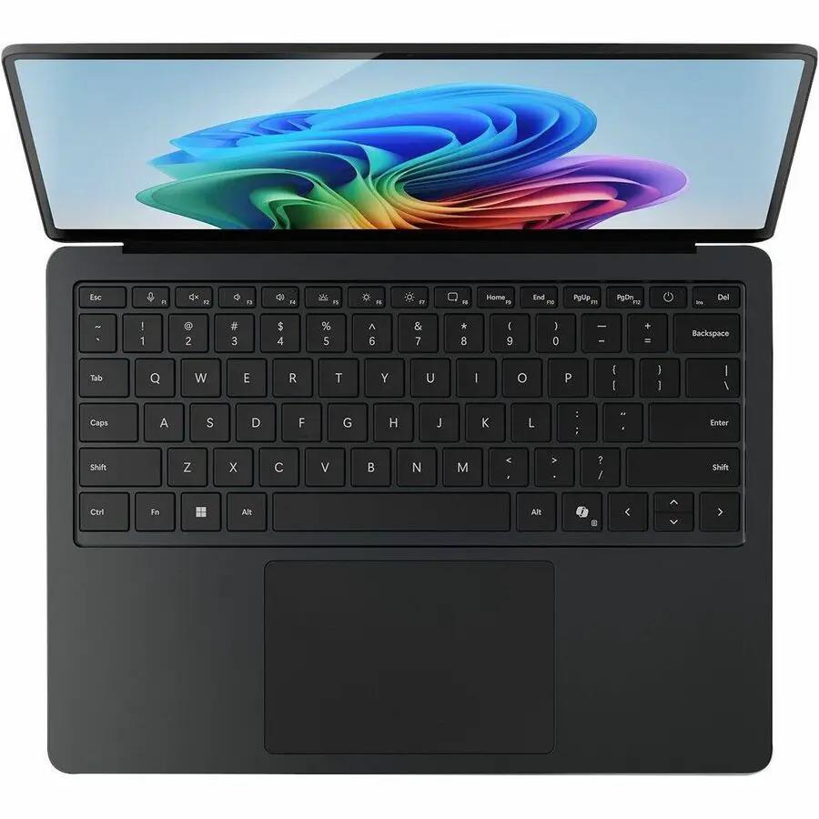 Microsoft Surface Laptop 7 with black chassis, open to show keyboard and colorful touchscreen.