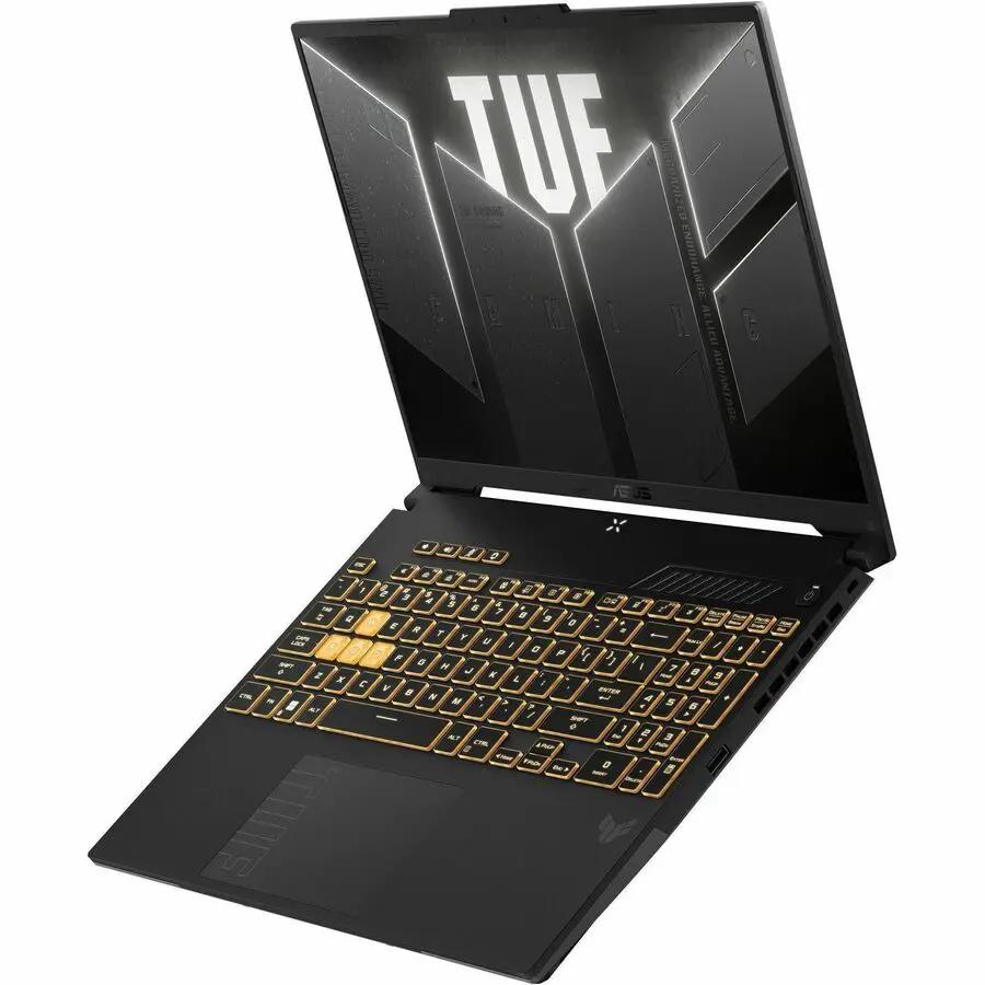 ASUS TUF Gaming Laptop with black chassis and gold backlit keyboard, 16GB RAM, 512GB SSD