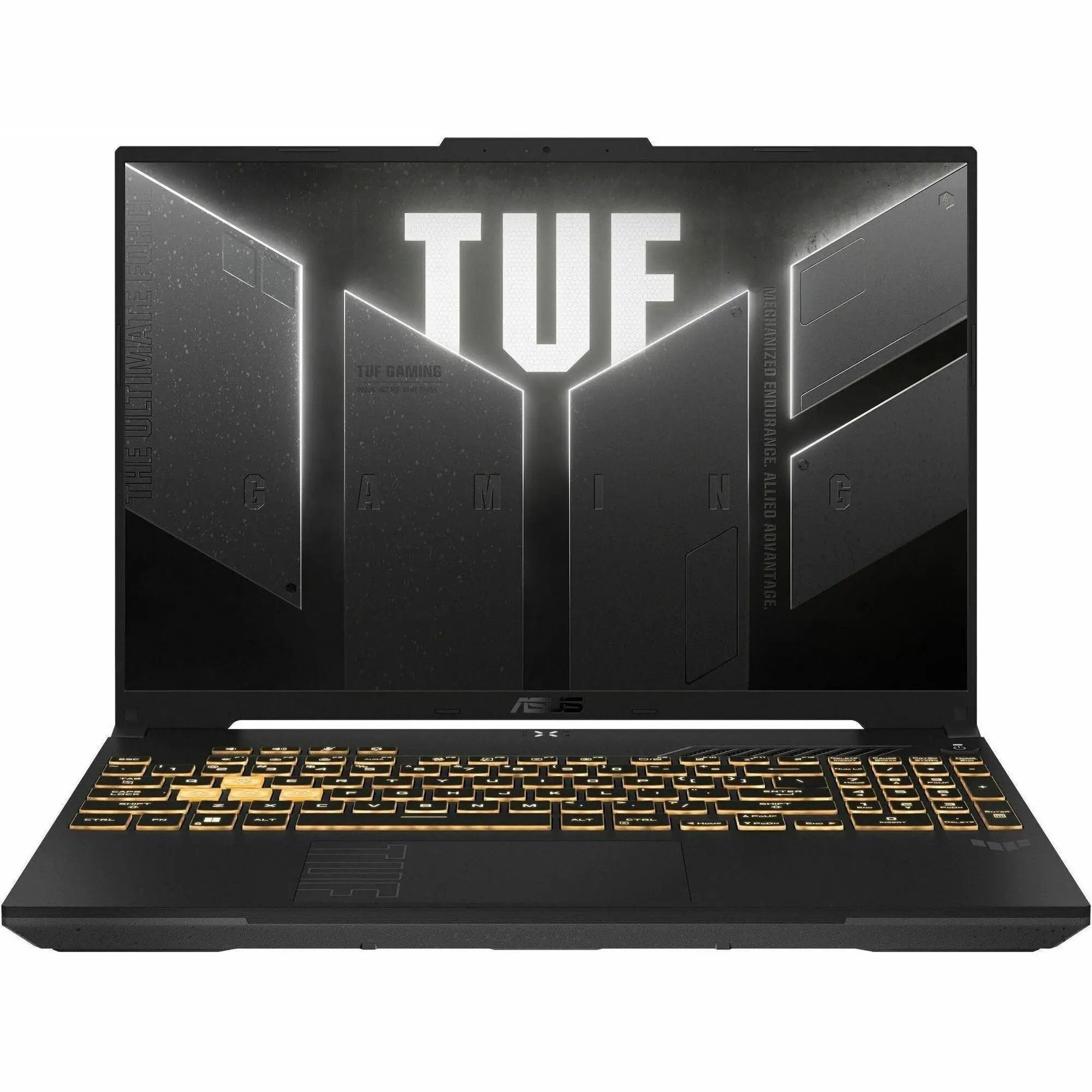 ASUS TUF Gaming Laptop with black chassis and gold-colored keyboard