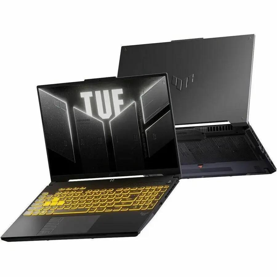 ASUS TUF Gaming laptop with gold backlit keyboard in dark gray finish.