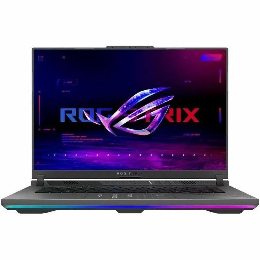 ASUS ROG Strix G16 gaming laptop, dark grey chassis with RGB bar, Ryzen 9 9955HX, 32GB RAM, 1TB SSD