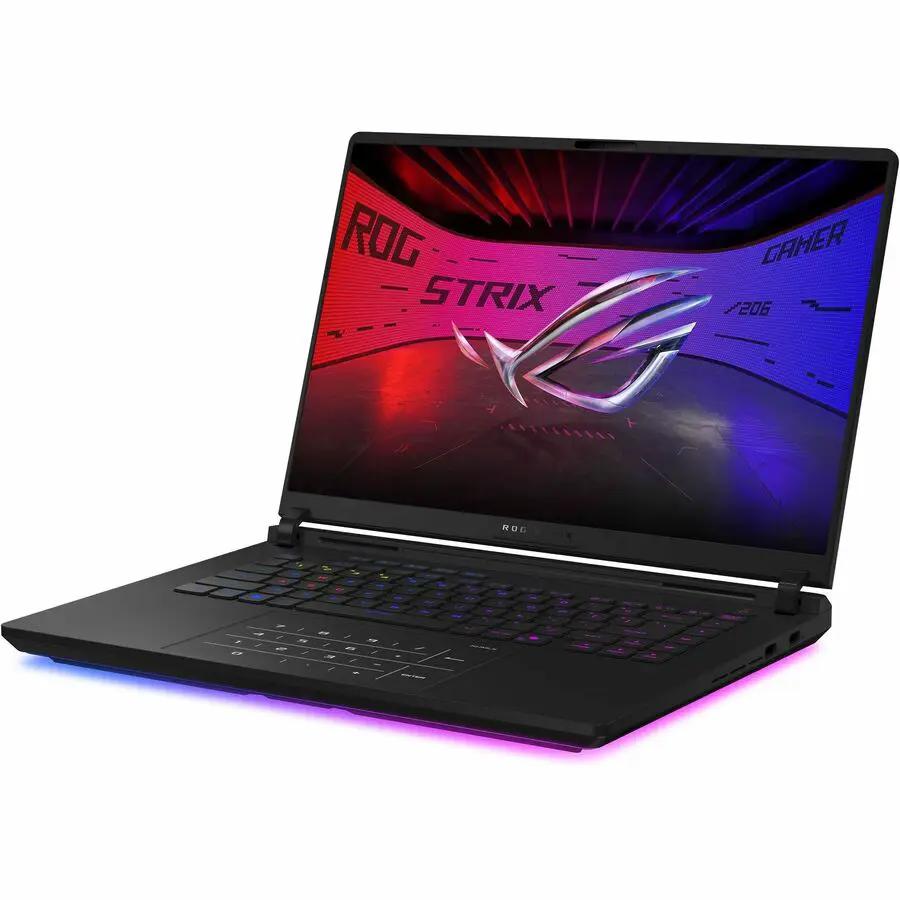ASUS ROG Strix Scar 16 gaming laptop, black with RGB keyboard and underglow lighting