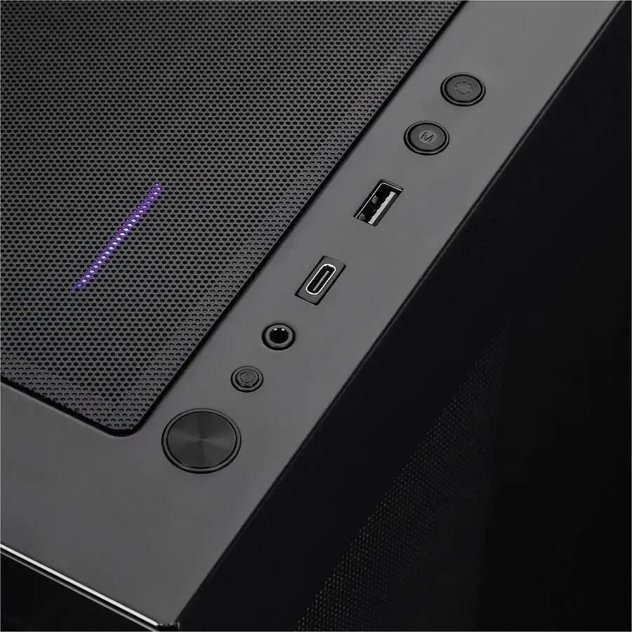 CLX SET Gaming Desktop; black mid-tower front panel with USB-C, USB-A, headphone jack, and power button.