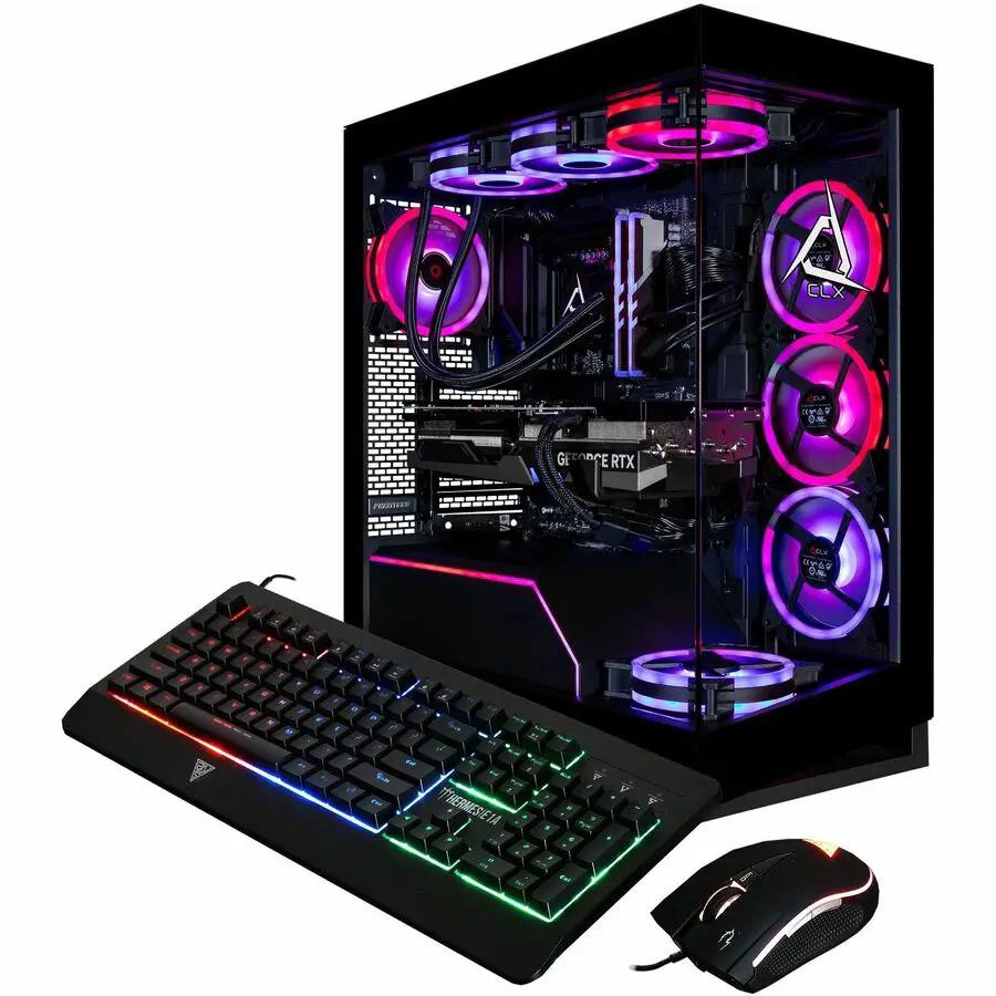 CLX Horus Gaming PC with RGB-lit black mid-tower and glass side, GeForce RTX GPU, keyboard and mouse