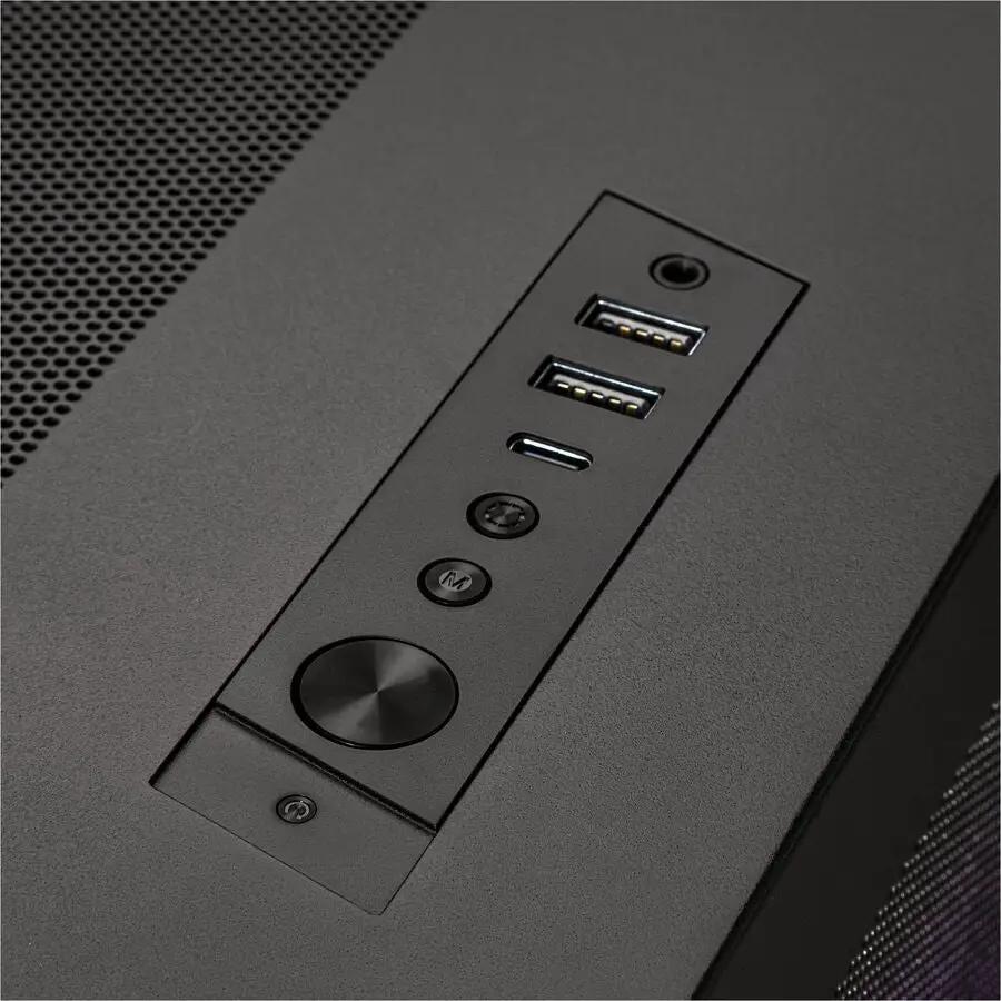 CLX Horus Gaming Desktop front panel in black with power button and dual USB ports.