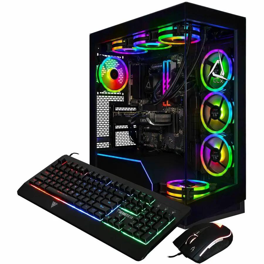 CLX Horus Gaming Desktop mid-tower PC with RGB lighting, Ryzen 9, 96 GB RAM, 8 TB HDD + 2 TB SSD; keyboard and mouse