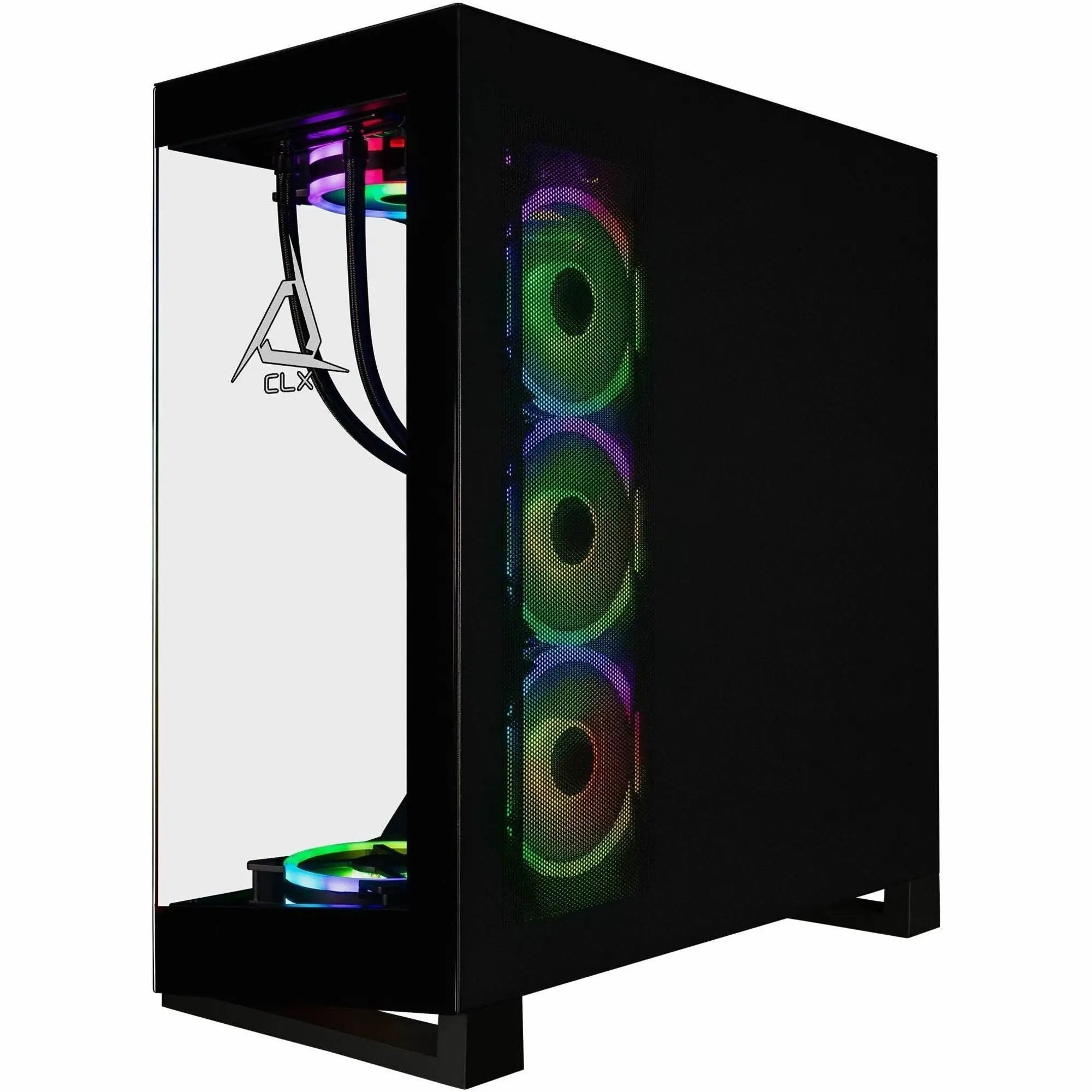 CLX Horus Gaming Desktop mid-tower PC with black chassis, glass side panel showing CLX logo, and RGB cooling fans