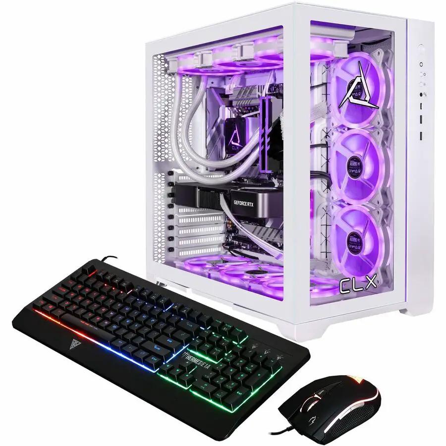 CLX SET Gaming Desktop white mid-tower with transparent side panel and purple RGB fans; keyboard and mouse.