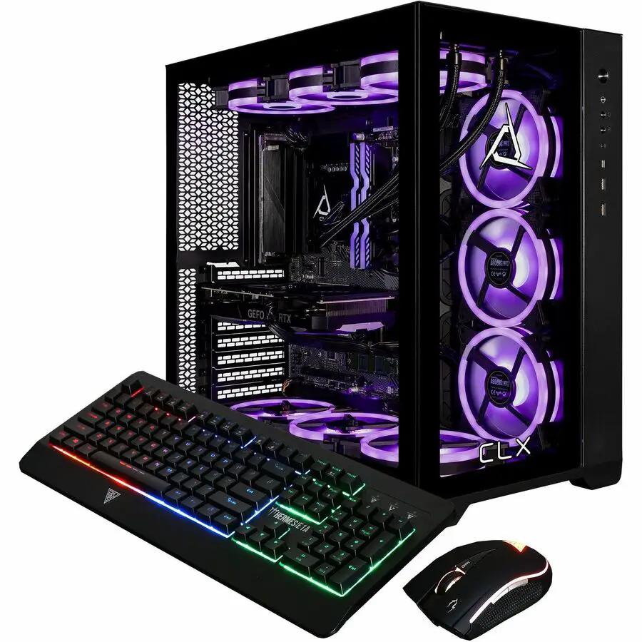 CLX SET gaming desktop PC with purple LED fans, black mid-tower, keyboard and mouse