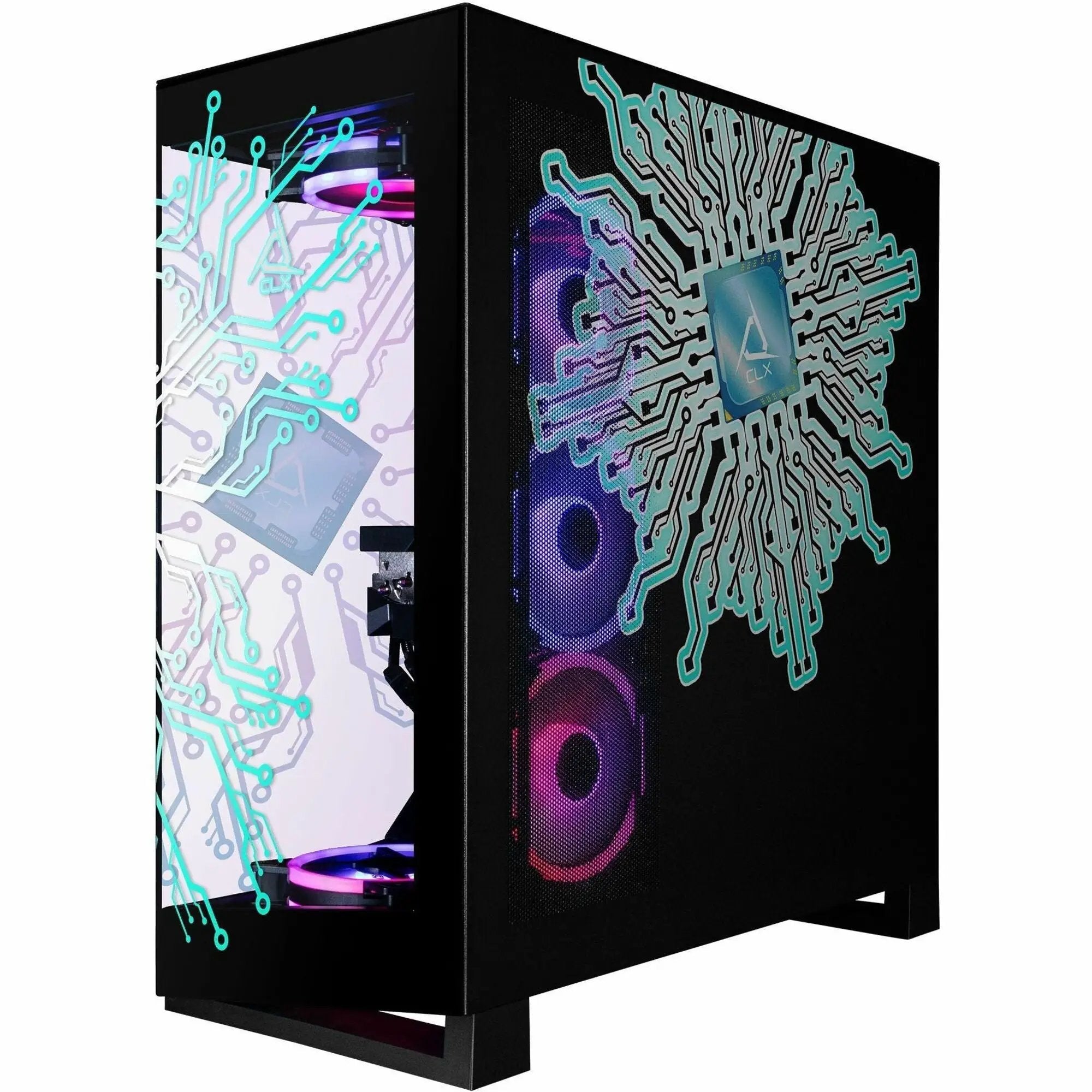 CLX Horus Gaming PC mid-tower, black case with teal circuit-pattern panels
