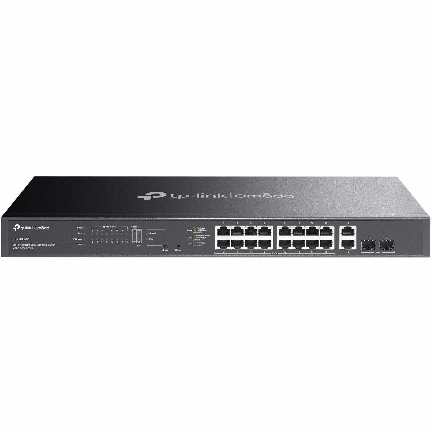 TP-Link Omada 20-Port PoE+ SFP Managed Switch, black metal chassis with front RJ-45 and SFP ports