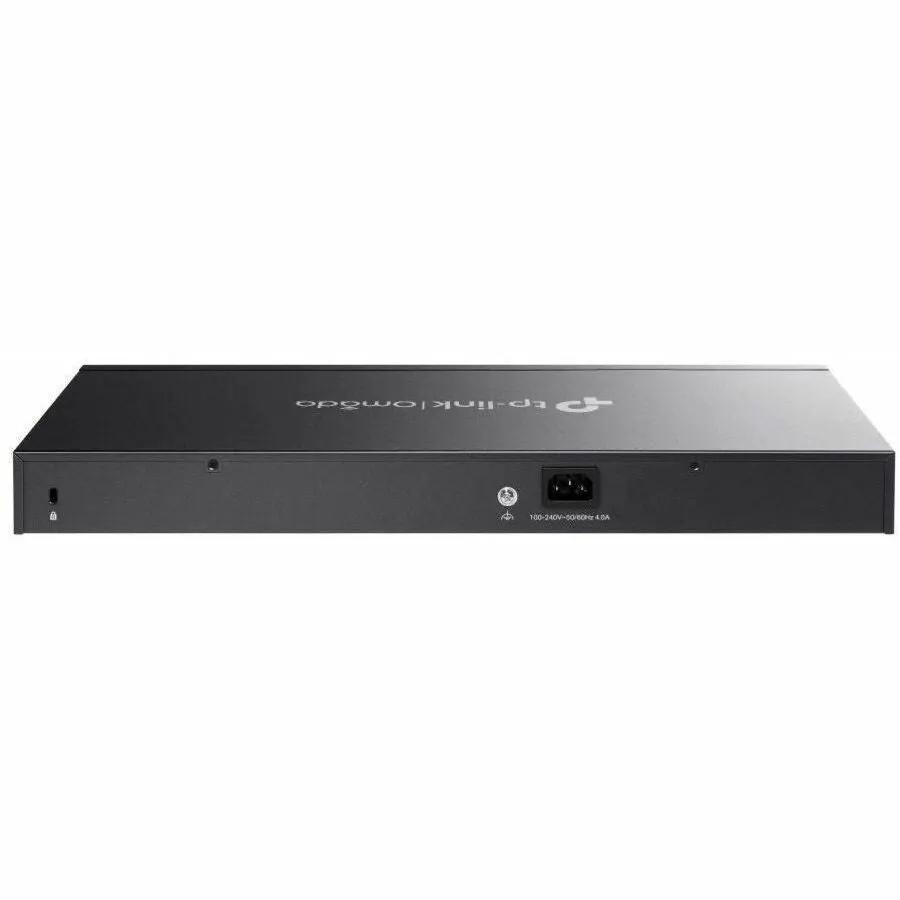 TP-Link Omada 20-Port PoE+ SFP managed switch, black metal chassis.