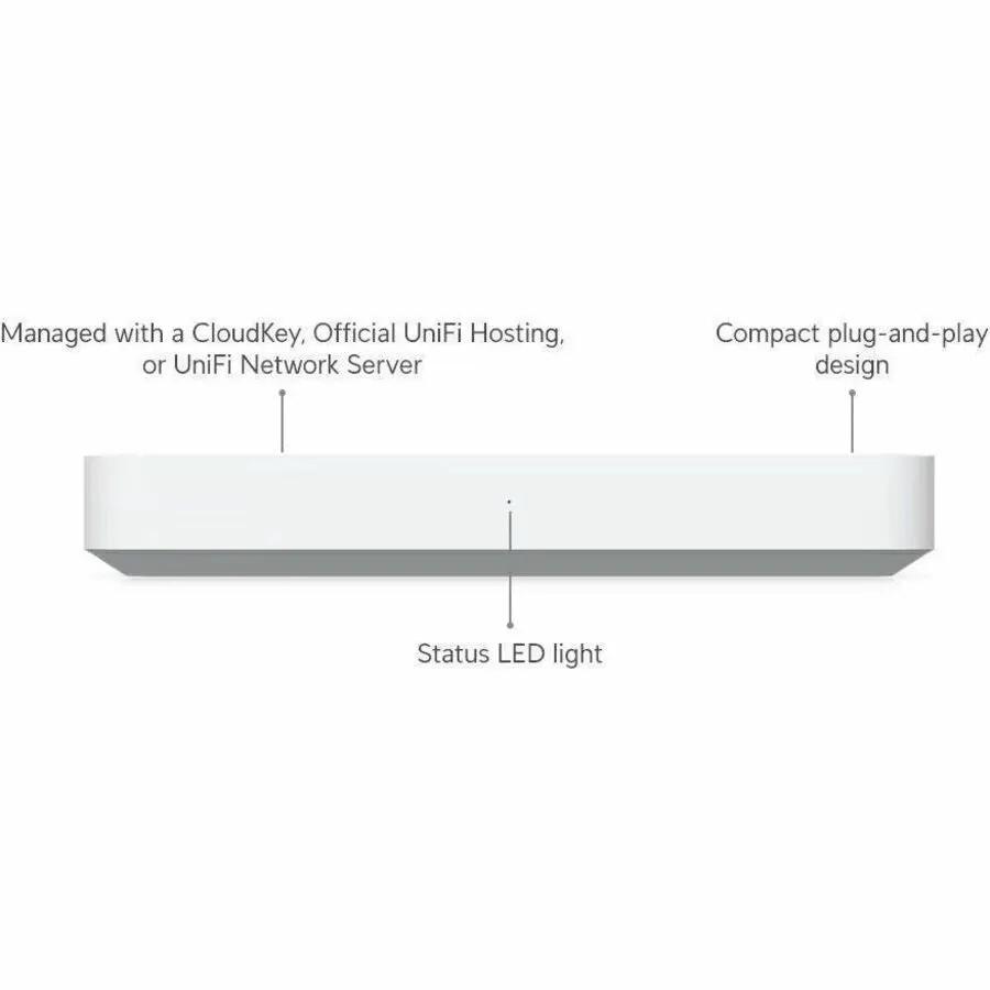 Ubiquiti UniFi Gateway Fiber router, white, with status LED light