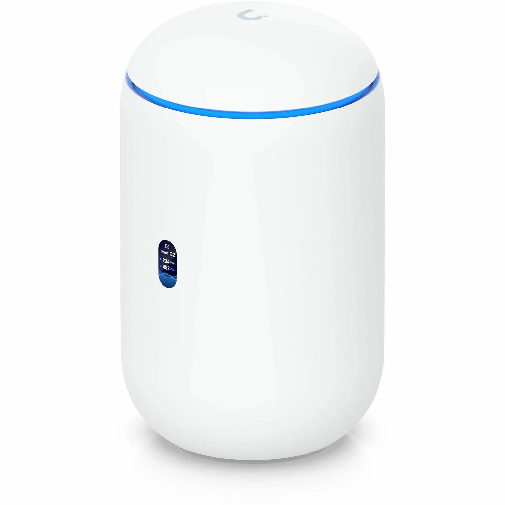 Ubiquiti UniFi Dream Router 7 4-Port PoE managed router in white with a blue LED ring on a rounded housing