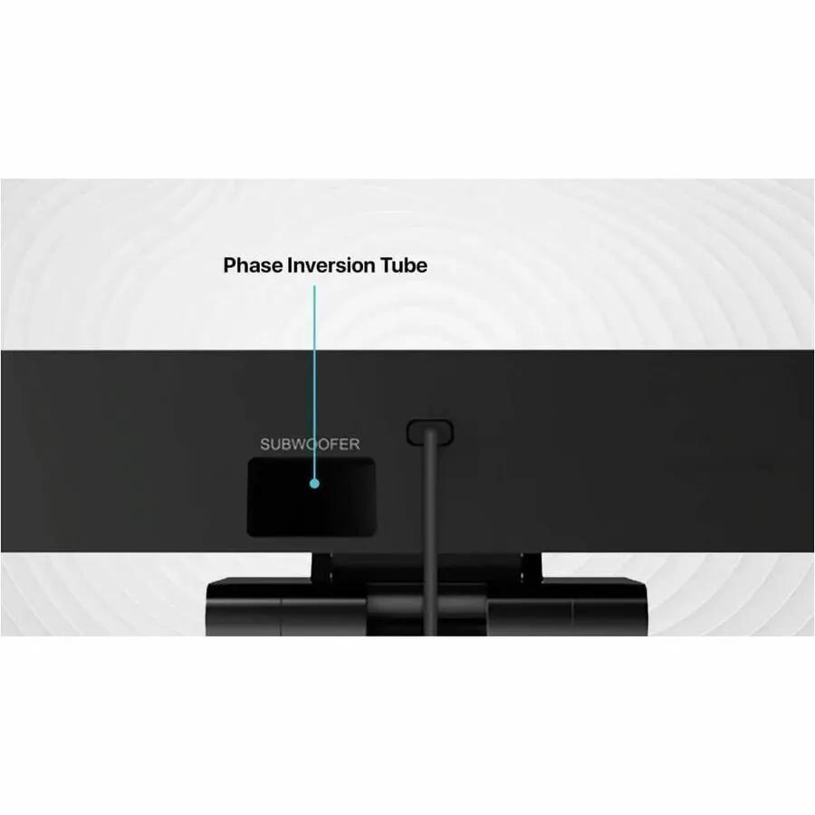 Home theater speaker system back view showing subwoofer and phase inversion tube.