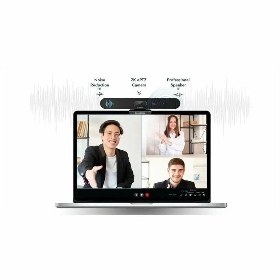 PeopleLink i20 Plus webcam, black, 4 MP, 1-pack, mounted on a laptop during a video conference