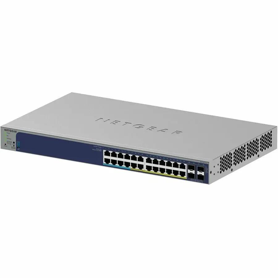 NETGEAR SWTH 24-Port Gigabit PoE+ SFP+ switch, front view on white background