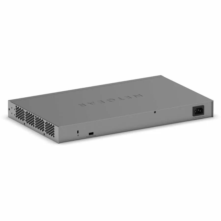 NETGEAR SWTH 24-Port Gigabit PoE+ SFP+ Switch, gray metal enclosure on a white surface