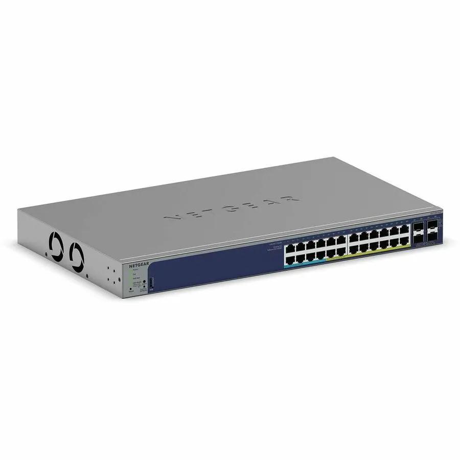 NETGEAR SWTH 24-Port Gigabit PoE+ SFP+ Switch, gray metal chassis with blue front panel.