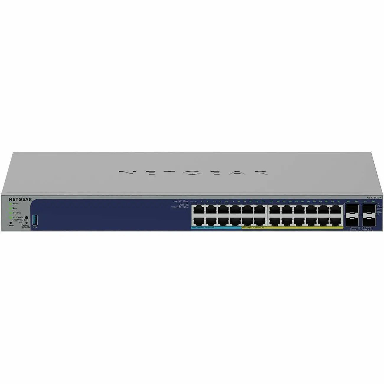 NETGEAR SWTH 24-Port Gigabit PoE+ SFP+ switch, blue front panel, front view.