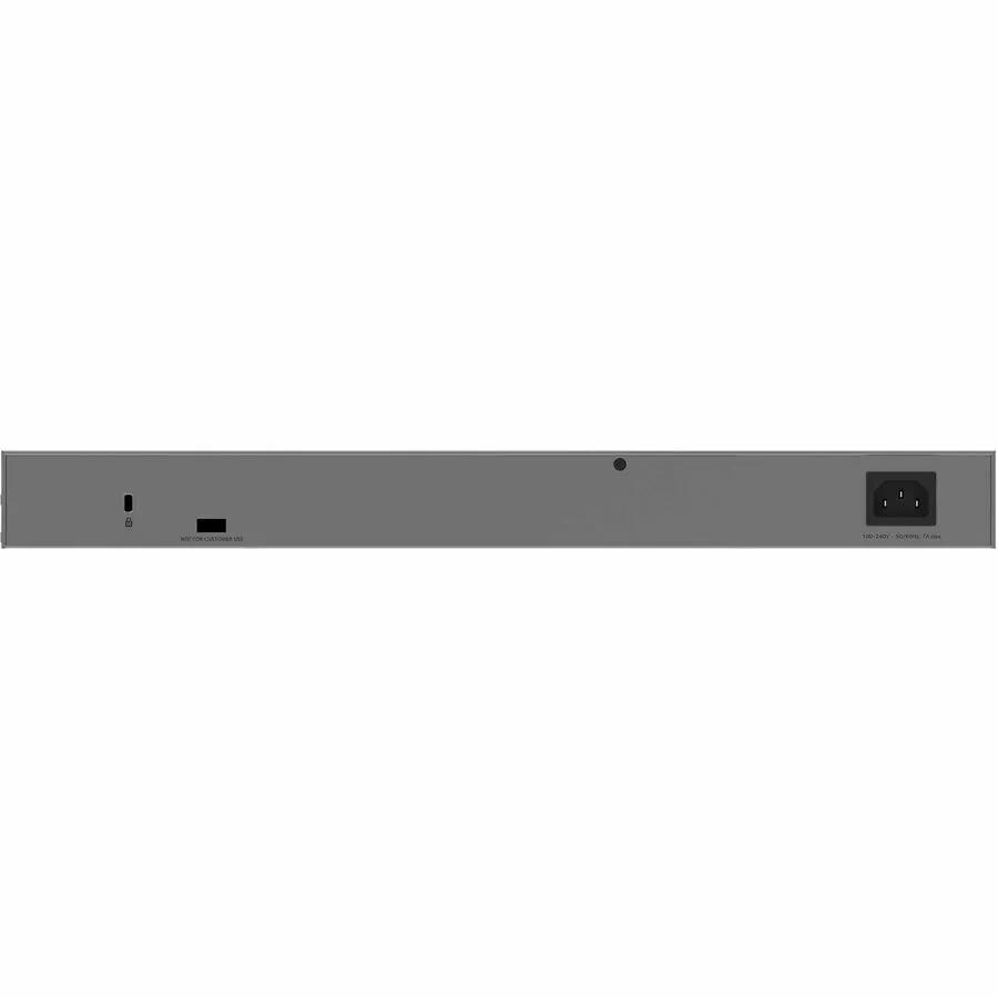 NETGEAR SWTH 24-Port Gigabit PoE+ SFP+ Switch rear panel, gray metal chassis.