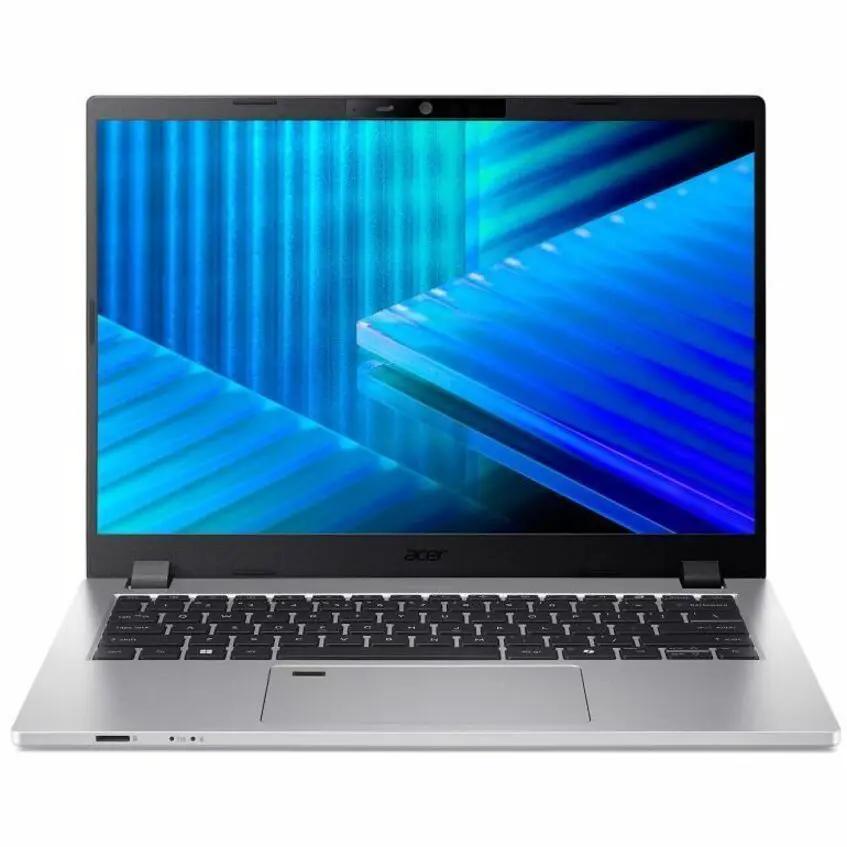 Acer TravelMate P2 14-inch laptop, silver chassis, open with blue wallpaper on display