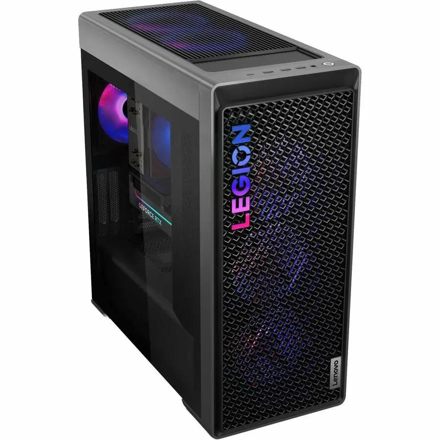 Lenovo Legion T7 gaming desktop tower with RGB-lit front mesh and visible Legion branding
