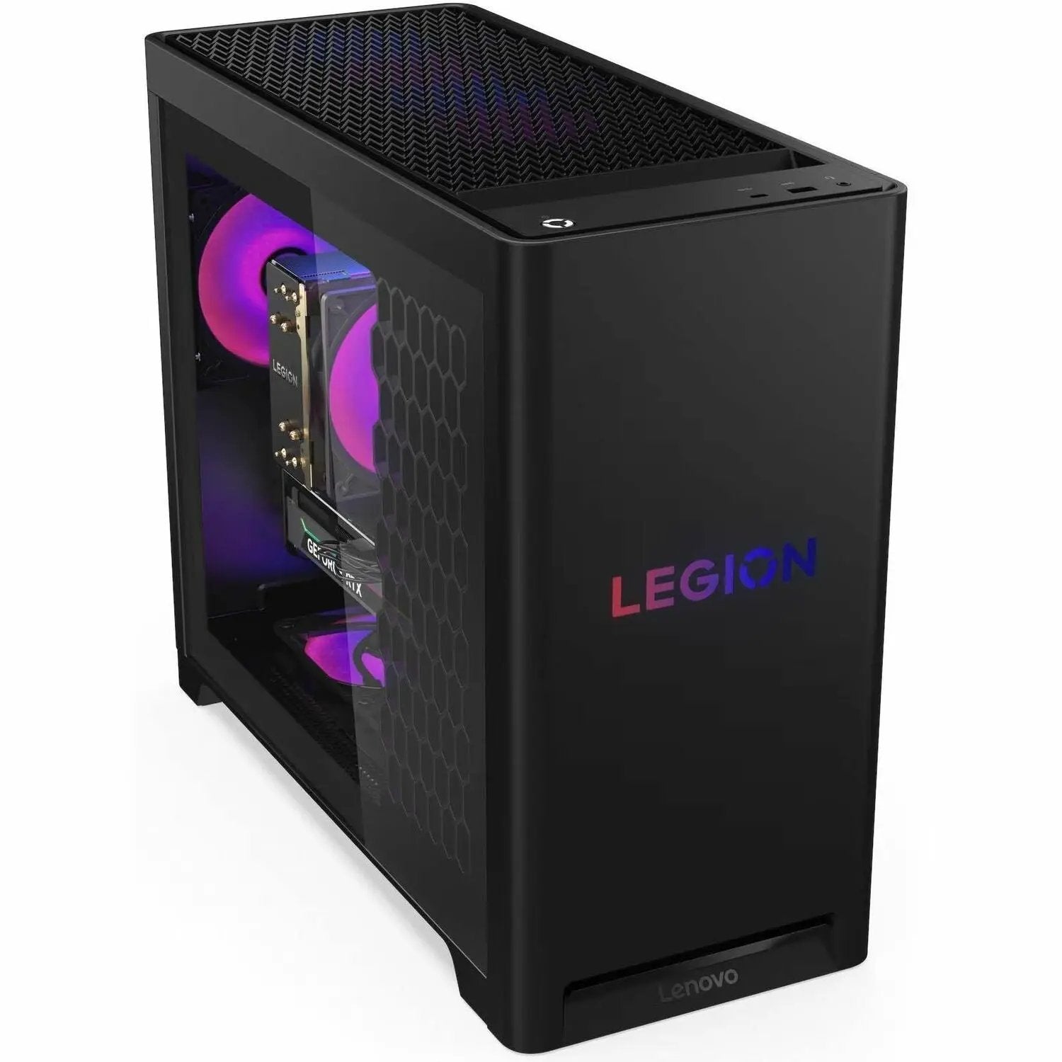 Lenovo Legion T5 gaming desktop, black tower with transparent side panel and purple LED cooling fans.