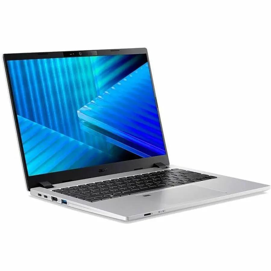 Acer TravelMate P2 laptop, silver, open with keyboard visible and blue-pattern screen.