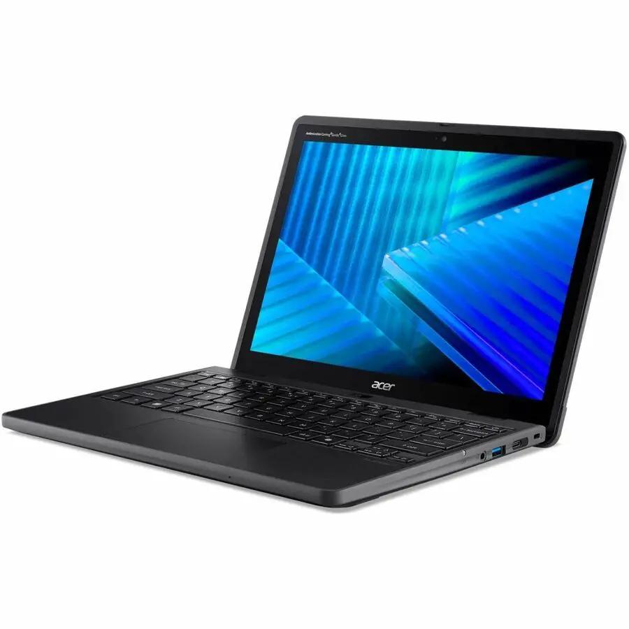 Acer TravelMate B3 Spin 12 notebook, black, opened with blue display.