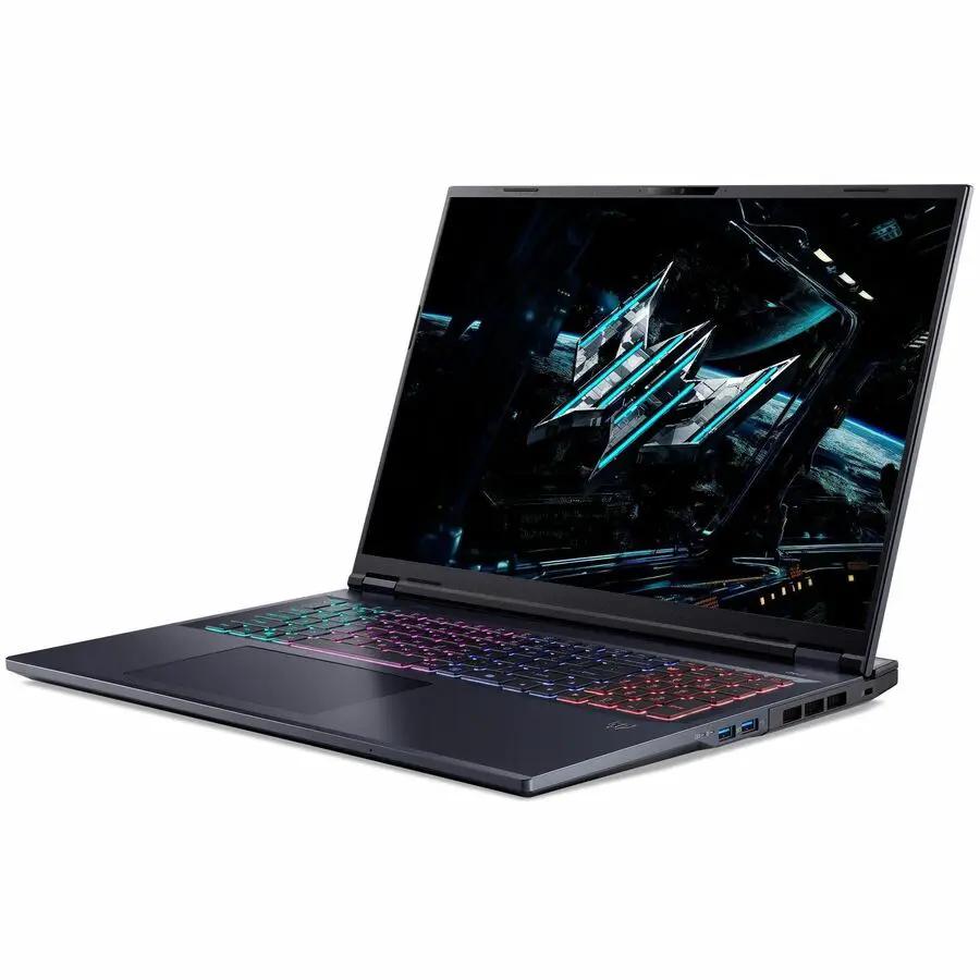 Predator Helios Neo 16 AI gaming laptop, black with RGB backlit keyboard.