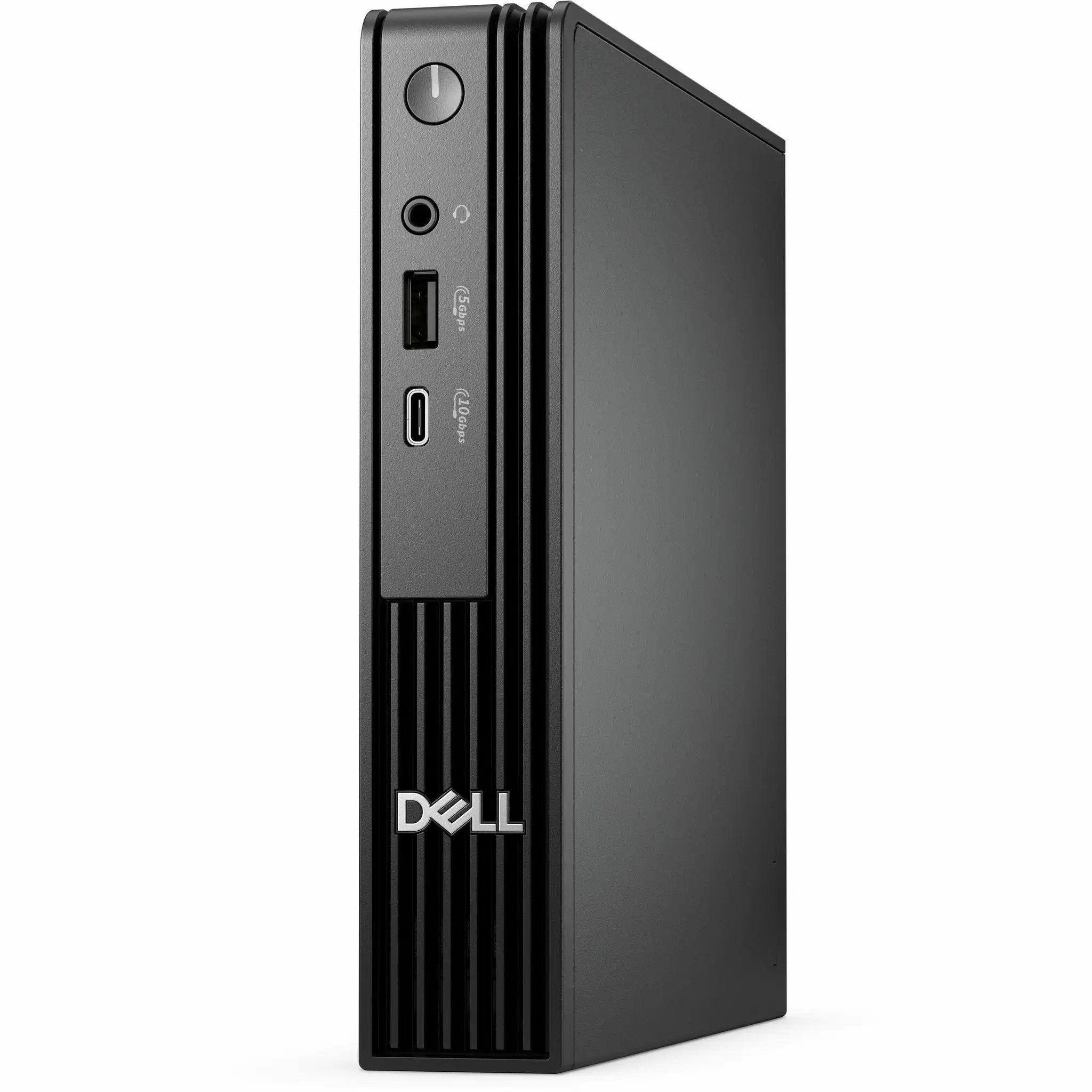 Dell QCM1250 Mini PC standing upright; front panel with power button, headphone jack, USB ports, Dell logo.