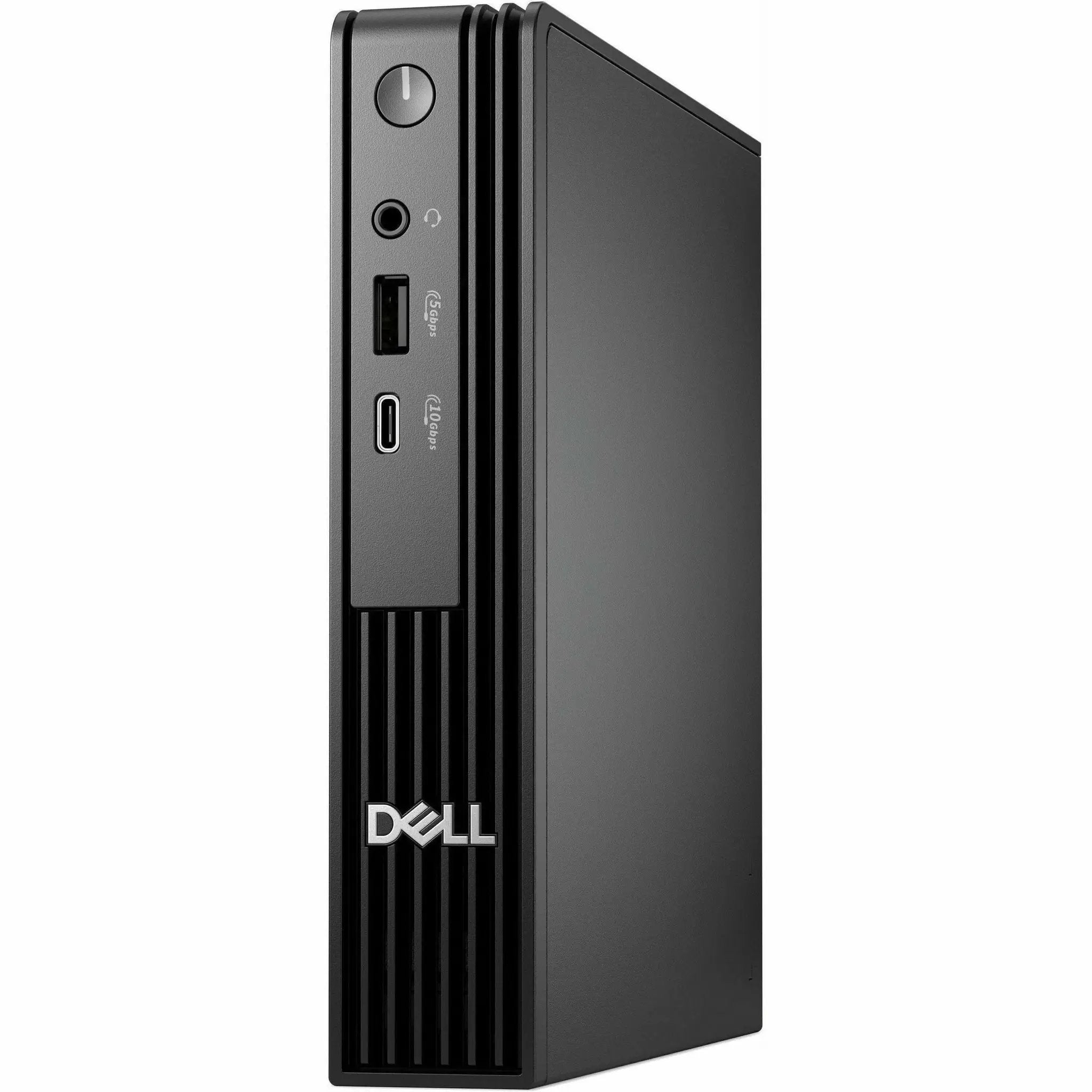 Dell QCM1250 Pro micro desktop, black; front Dell logo, USB port and headphone jack visible