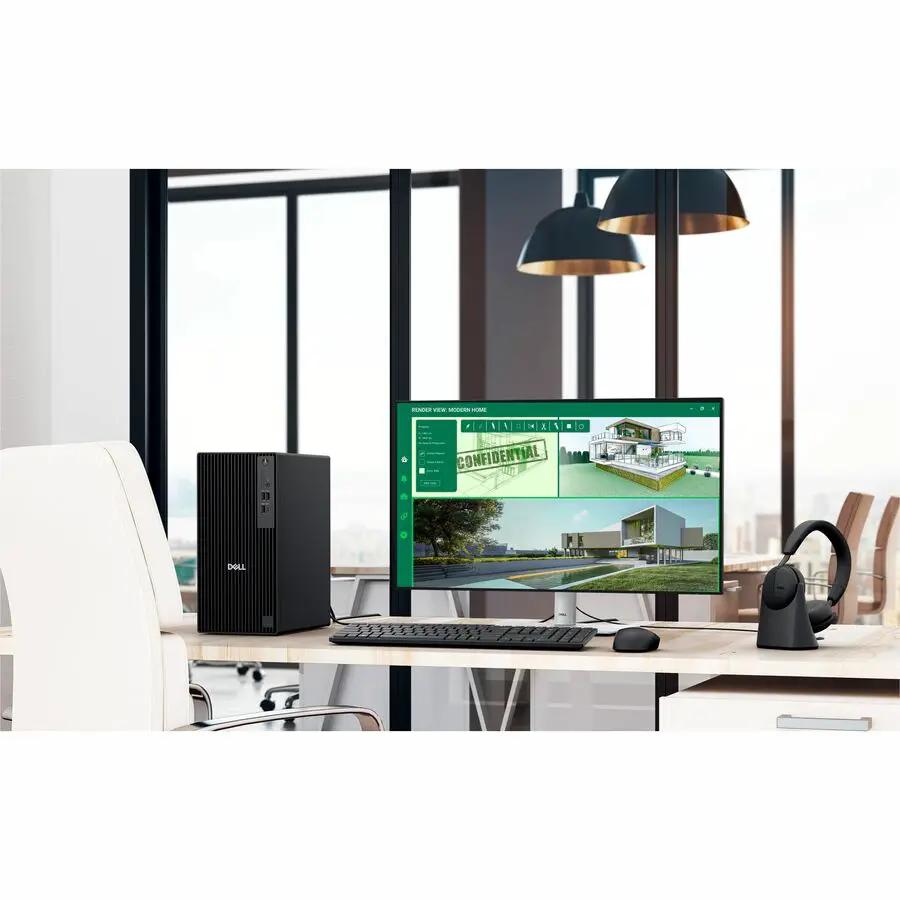 Dell Pro Tower Plus QBT1250 desktop PC with Intel Core 14th Gen, 16GB RAM, 512GB SSD, black tower on desk with monitor