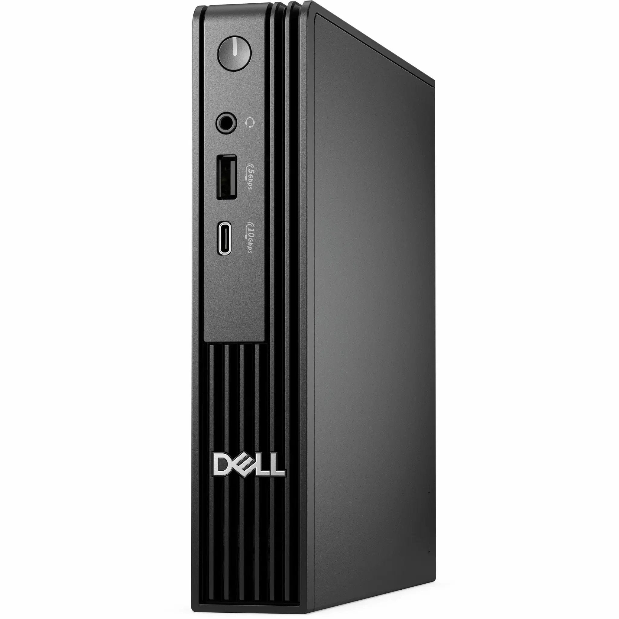 Dell QCM1255 Pro Micro desktop front view with power button, headset jack, USB-C and USB-A ports; Dell logo.
