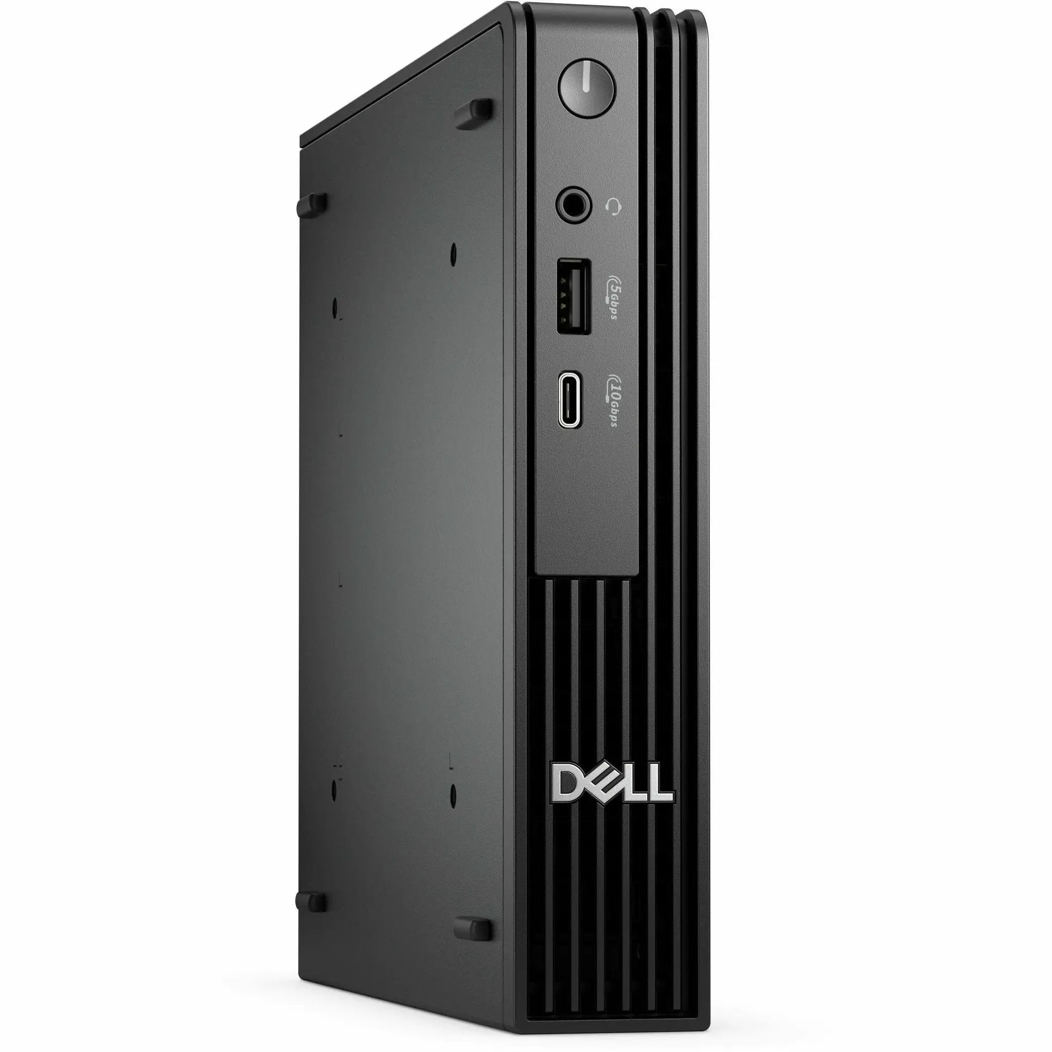 Dell QCM1250 Pro Micro Desktop, black front panel with USB port, headphone jack, Dell logo