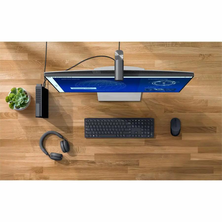 Dell Pro Micro Plus QBM1250 Desktop on a wood desk with monitor, keyboard, mouse, and headset; Core Ultra 7, 16GB RAM