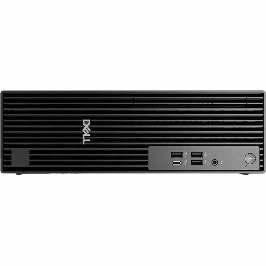 Dell QCS1250 Slim Desktop front view; black chassis with USB-C and USB-A ports, headphone jack, and power button