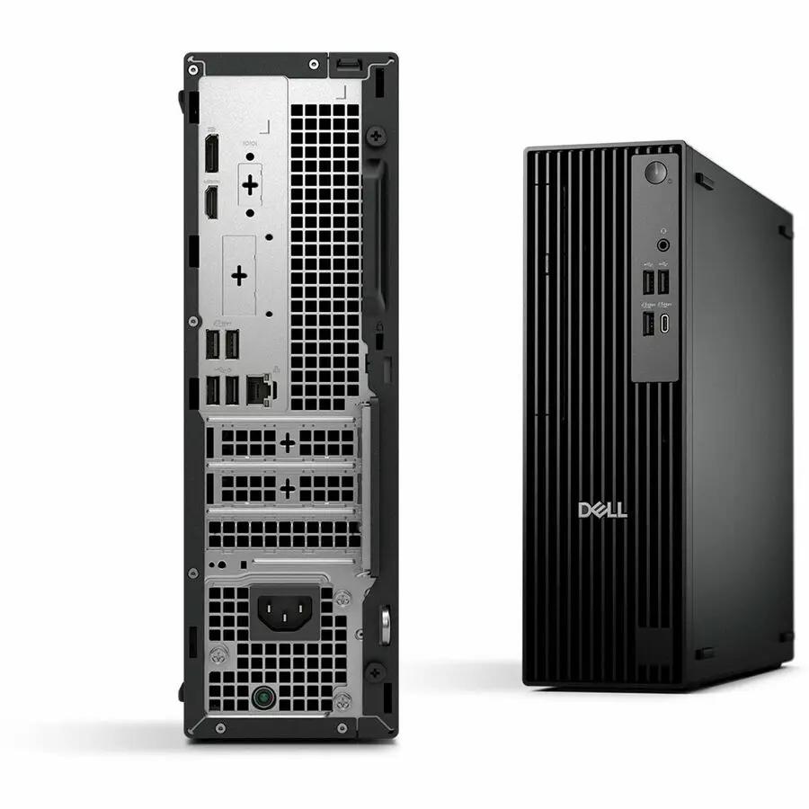 Two Dell QCS1250 Pro Slim Desktops in black, front and rear views