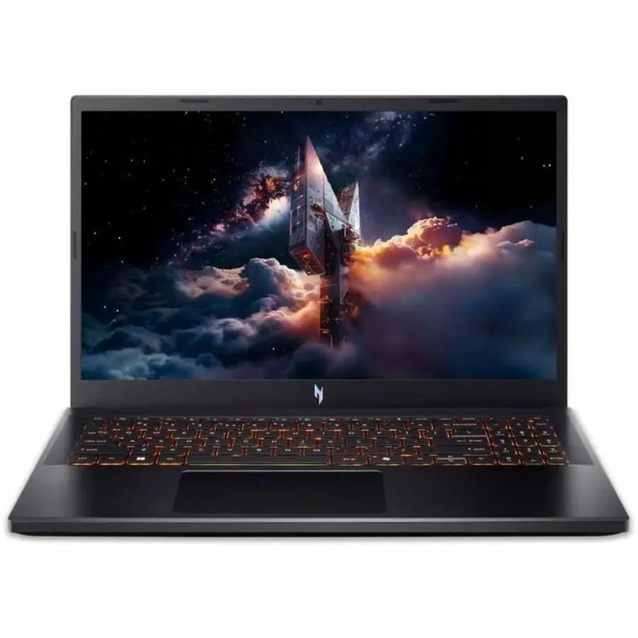 Acer Nitro V15 gaming laptop, black with orange backlit keyboard, 15.6-inch display