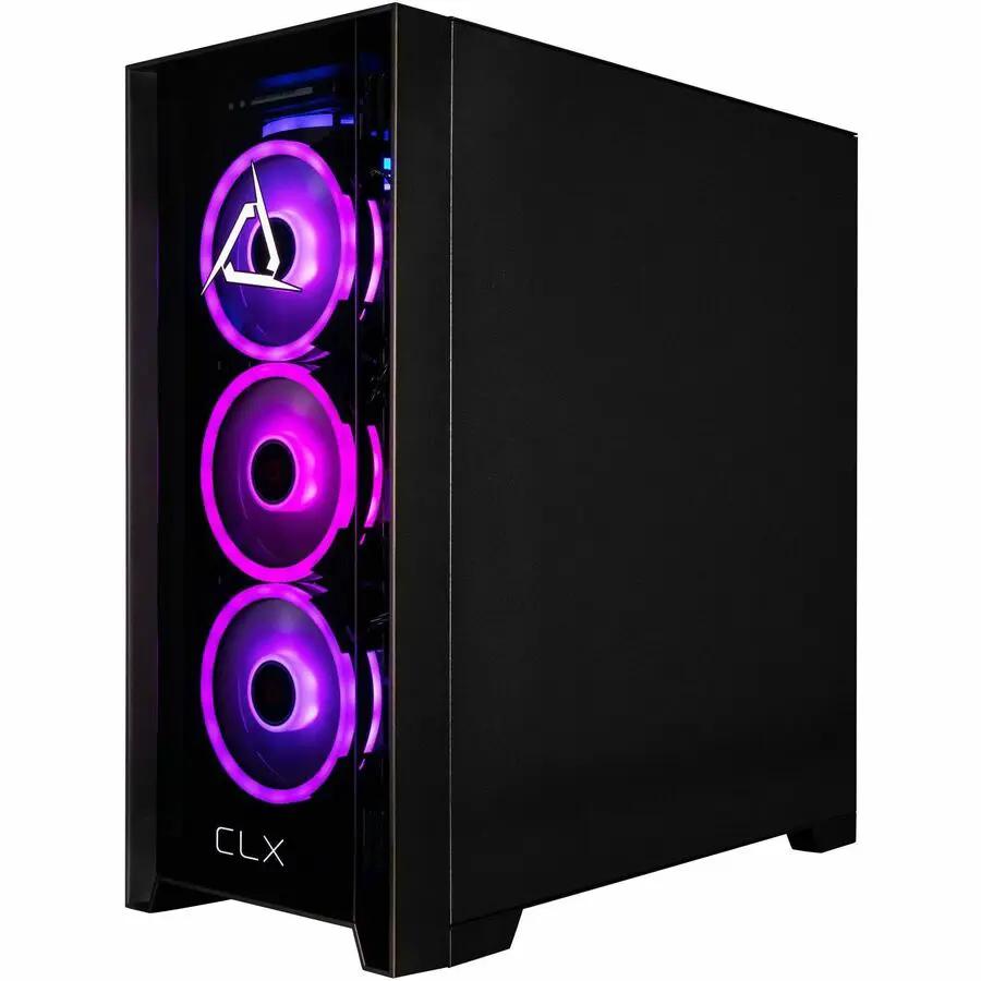 CLX SET R7 RTX 5070 Gaming Desktop on white background; black case with transparent side panel and purple RGB fans