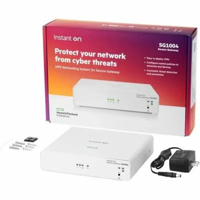 HPE Networking Instant On SG1004 4-Port Gigabit PoE Gateway, white with power adapter and box
