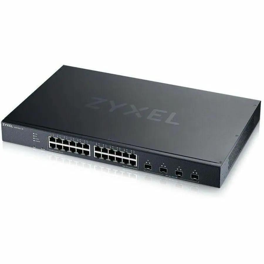 Zyxel NebulaFlex 24-Port GbE SFP+ Managed Switch, black metal chassis on white surface.